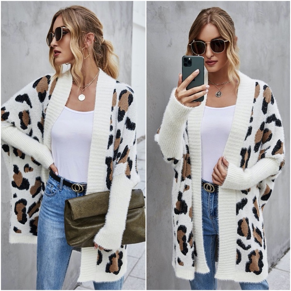 019 Cozy Leopard print fuzzy dolman sleeve fall cardigan - Picture 3 of 8